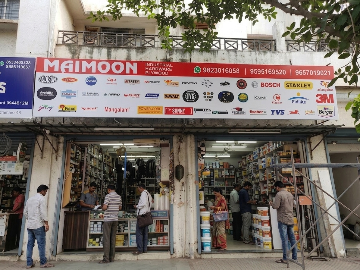 Maimoon Industrial Hardware & Plywood storefront in Kondhwa, Pune